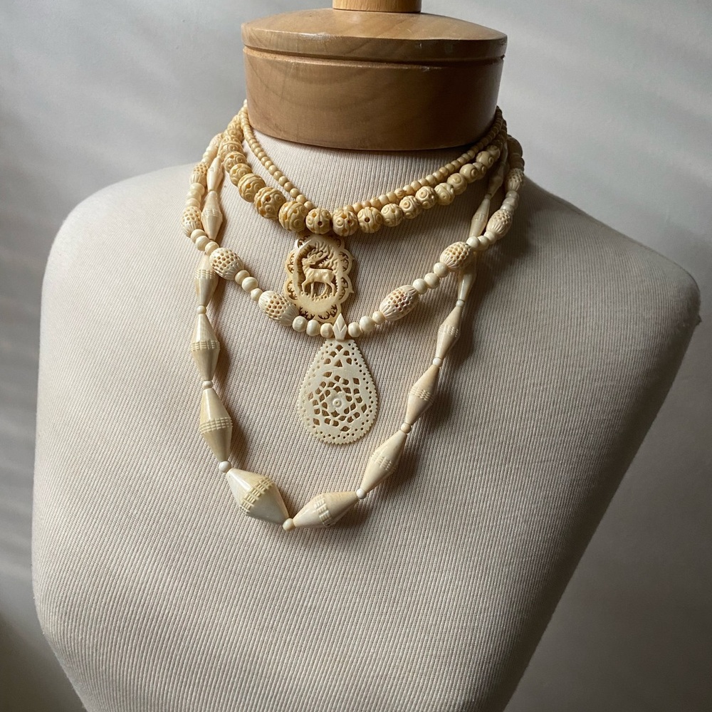 Vintage 1960s Bone Necklaces and Clip Earring Bundle